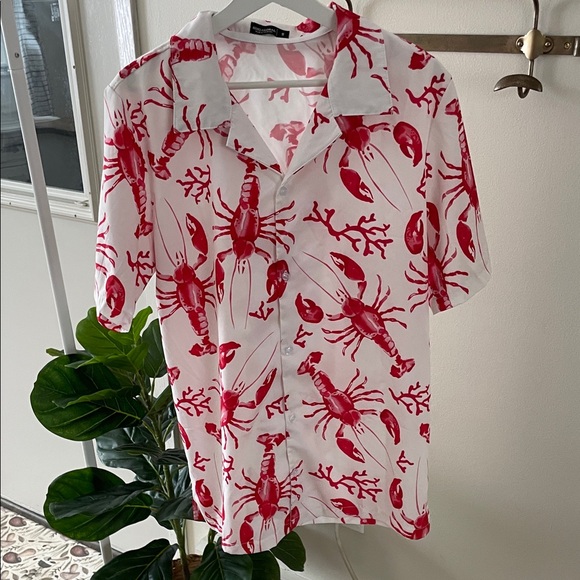 Other - White Button-Up Shirt with Red Lobster Print